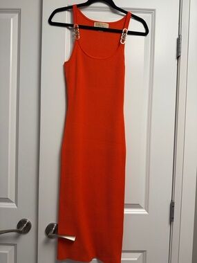 Michael Kors Orange Ribbed Tank Midi Dress with Gold-Tone Strap Details